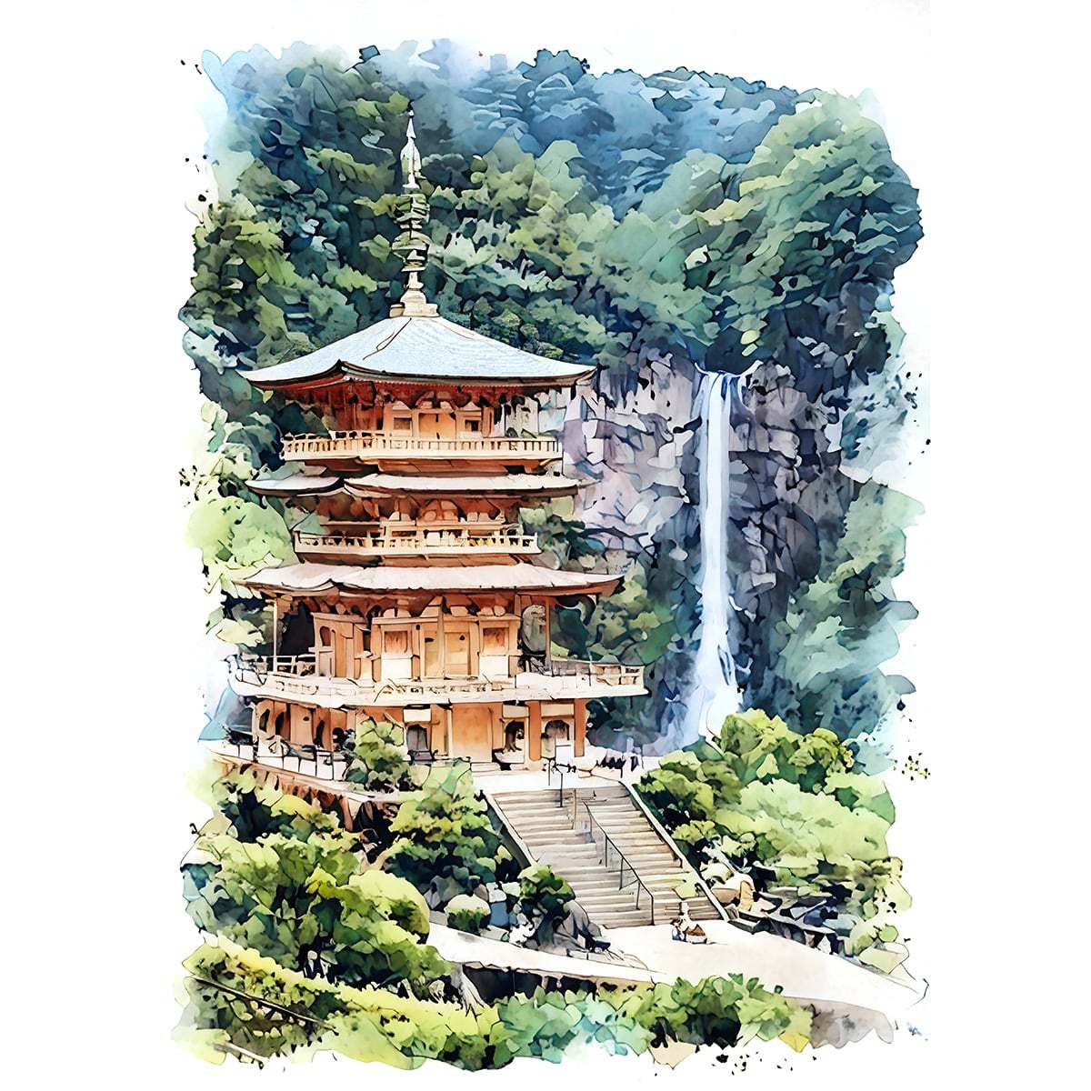 絵画 日本 和歌山県 那智大社の風景 インテリアアート額付き 水彩画