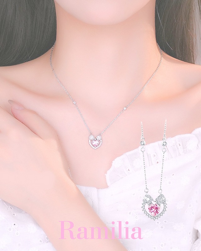 リボンハートピンクストーンネックレス　R2507013