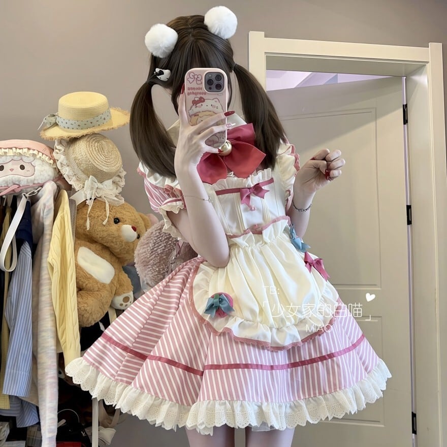 量産型 メイドワンピース ピンクストライプ フリルリボン｜WithU