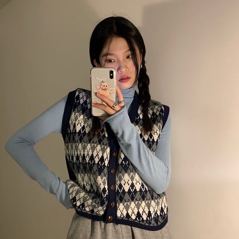 ヴィンテージカラーVネックニットスプリングセーター ノースリーブトップス 春物 ビンテージ YY-ファッション51980557750