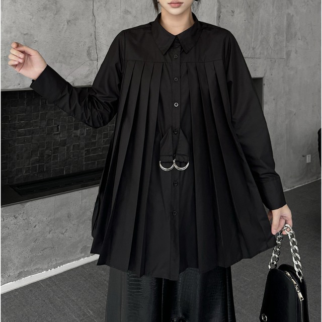 Ring-Belt Pleated Flare Shirt　H0306
