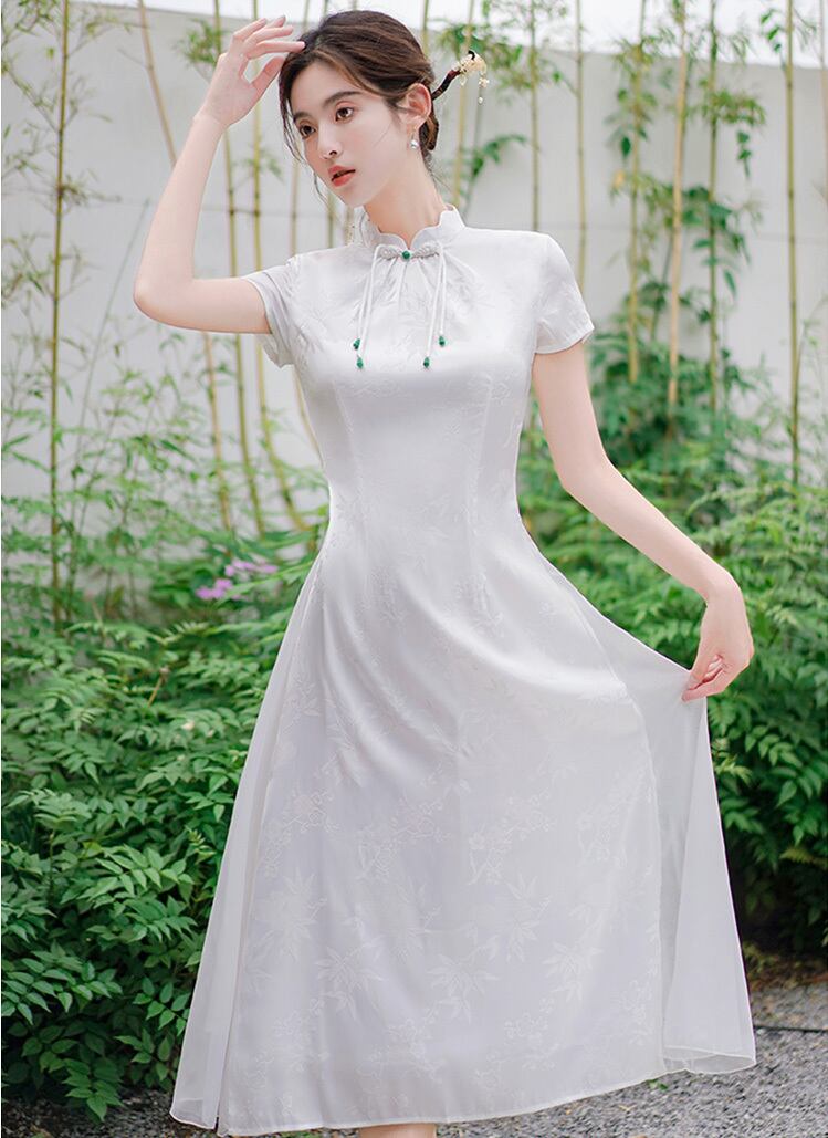 チャイナドレス ワンピース 半袖 Aライン 上品な風合い ホワイト zl372 