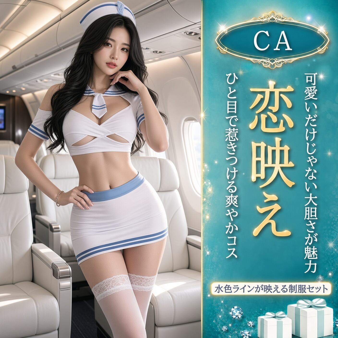 〔CA〕視線をさらう ホワイト×ブルー セーラー風クロップトップ制服コスチューム 3点セット