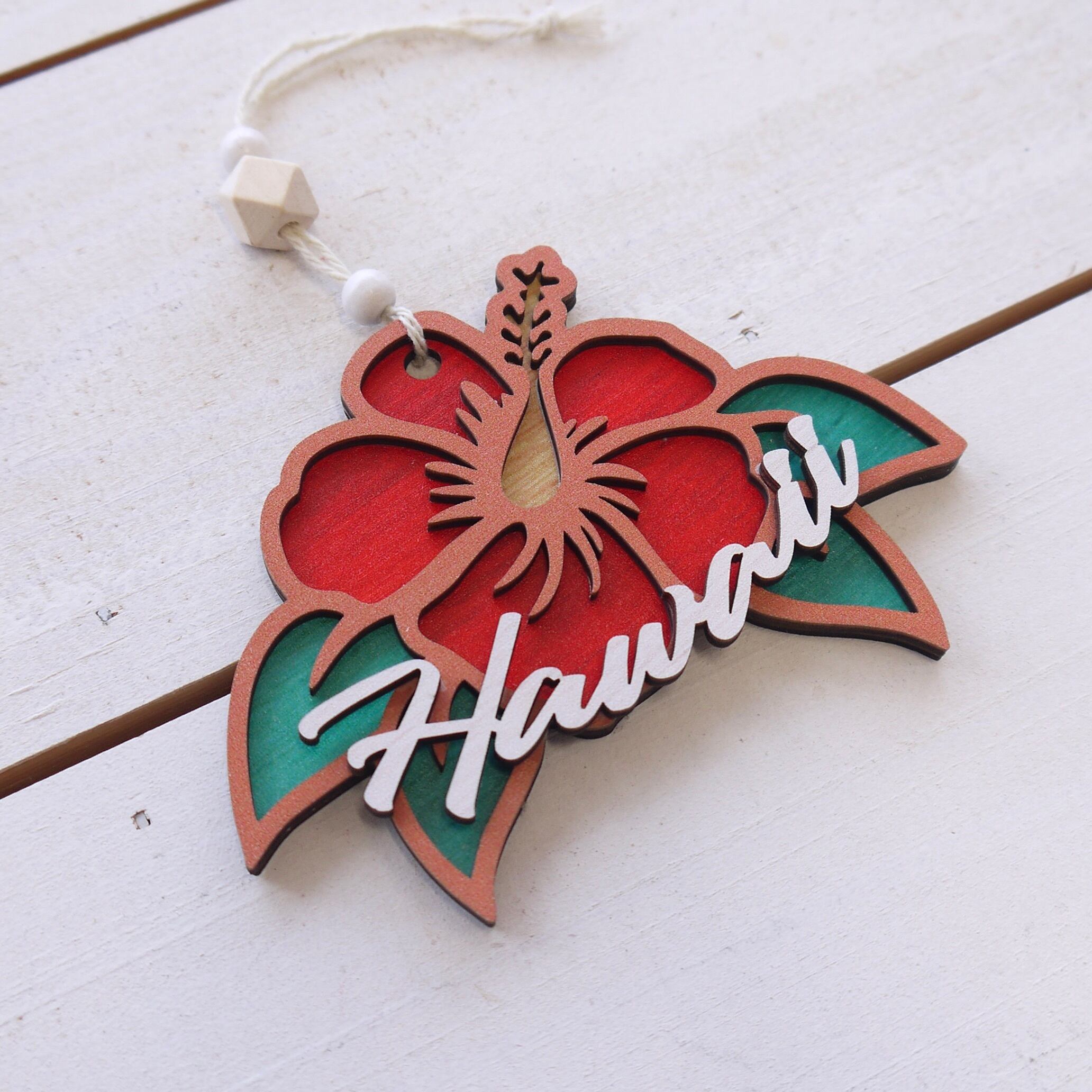 ★ハワイアン雑貨★ハワイアンクリスマス/Mele Kalikimaka/メレカリキマカ/ハワイアンウッド オーナメント<ハイビスカス>