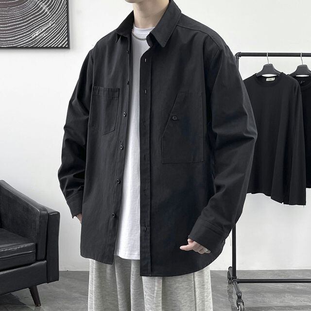 【予約販売】メンズ シャツ 長袖 無地 オーバーサイズ ブラック グレー カジュアル こなれ感 お洒落 韓国 トレンド 春 秋 M/L/XL/2XL/3XL