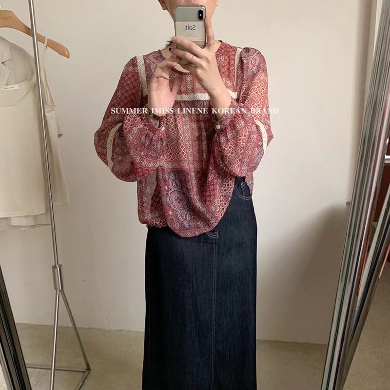 薄手カラーシャツ レディースサマーカジュアルスタンダードプリント柄ラウンドネックプルオーバー トップス ロング レトロ 夏物 Oネック ビッグFスモールZ韓国4009839449