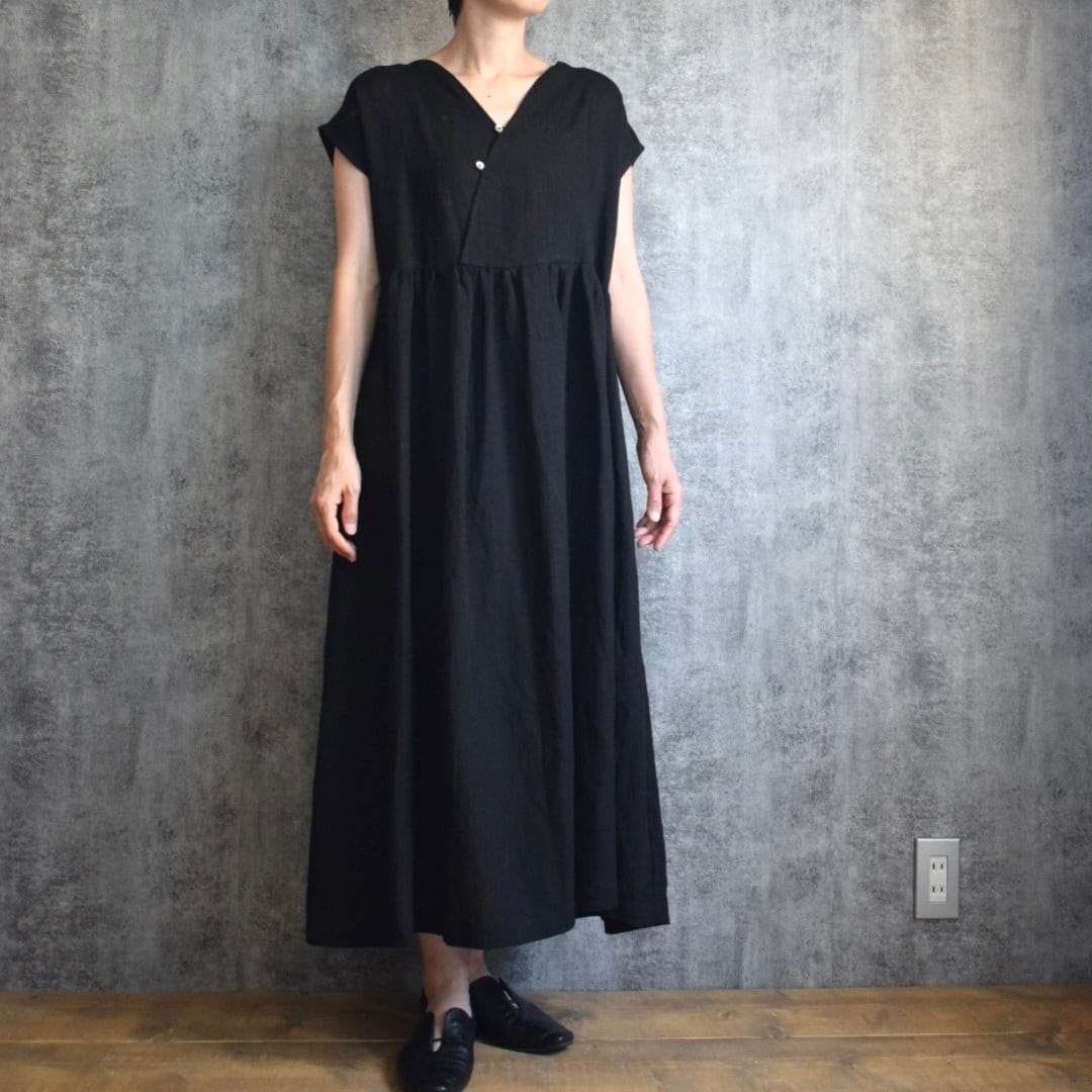 バンブーリネン ギャザーワンピース 黒 Bamboo linen 10 years dress