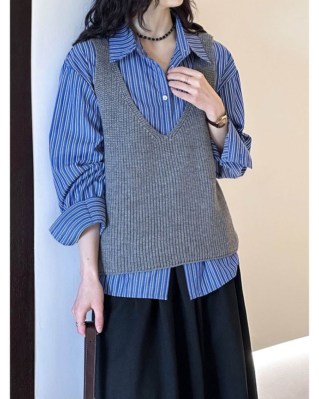 2piece Knit Vest+Stripe Shirt N083