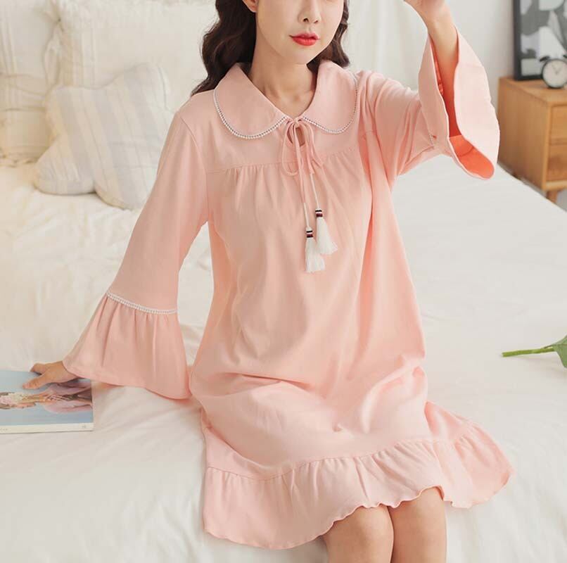部屋着 レディース ルームウェア 寝巻き チャイナ風パジャマ ワンピース 長袖 折り襟 フリーサイズ コットン ニット フリンジ 可愛い シンプル ピンク Elegant 部屋着 レディース ルームウェア 寝巻き チャイナ風パジャマ ワンピース 長袖 折り襟 フリーサイズ コットン ニット フリンジ 可愛い シンプル ピンク Elegant