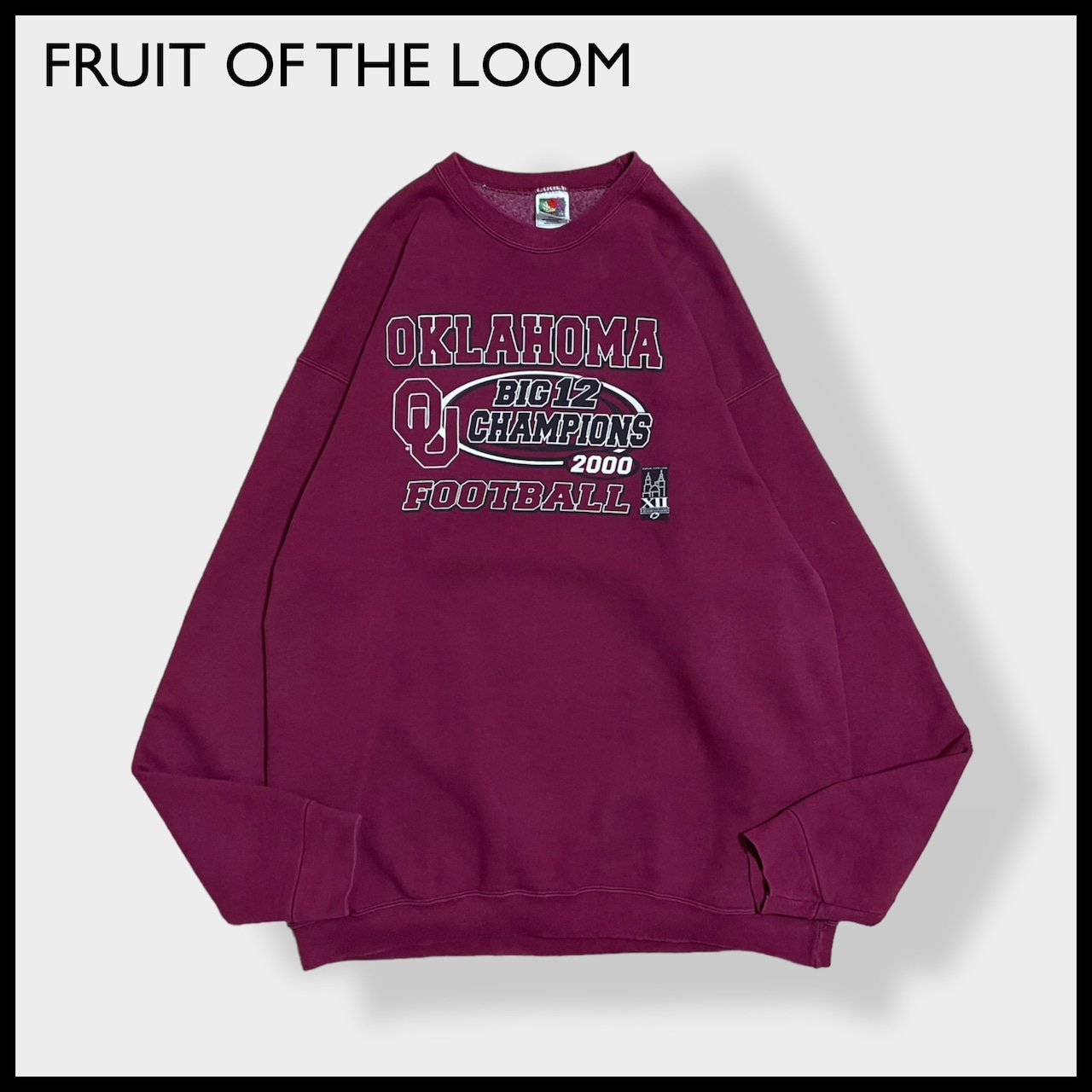 【FRUIT OF THE LOOM】メキシコ製 カレッジ オクラホマ大学 OKLAHOMA フットボール ロゴ プリント スウェット トレーナー HEAVY COTTON 2XL ビッグシルエット US古着