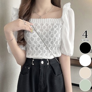 ショート丈 ニット ブラウス レディース 春夏 トップス 大人 きれいめ おしゃれ かわいい フェミニン パフスリーブ スクエアネック 大人可愛い 大人女子
