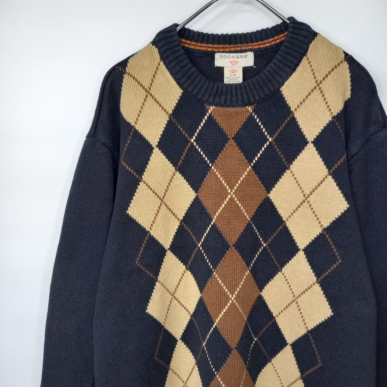 DOCKERS　クルーネック　コットンニット　セーター　アーガイル　中厚手　ミドルゲージ　ダークネイビー　L/G