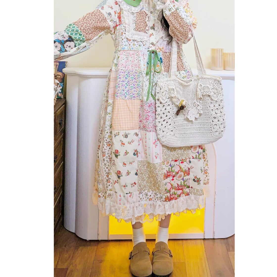レディース 長袖 花柄 パッチワーク風デザイン ワンピース ロング丈 