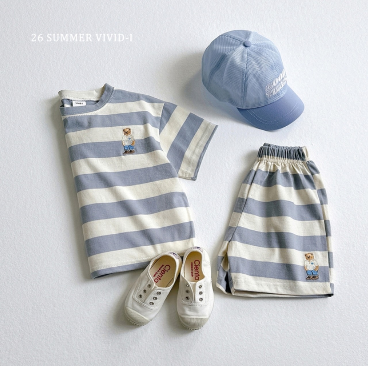 【取寄/韓国直送】VIVID-I 26/SM  モベア刺繍ボーダー上下セット｜夏服｜韓国子供服