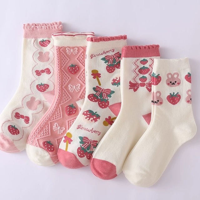 【予約商品】【キッズ〜大人用】 5足set いちご柄 靴下