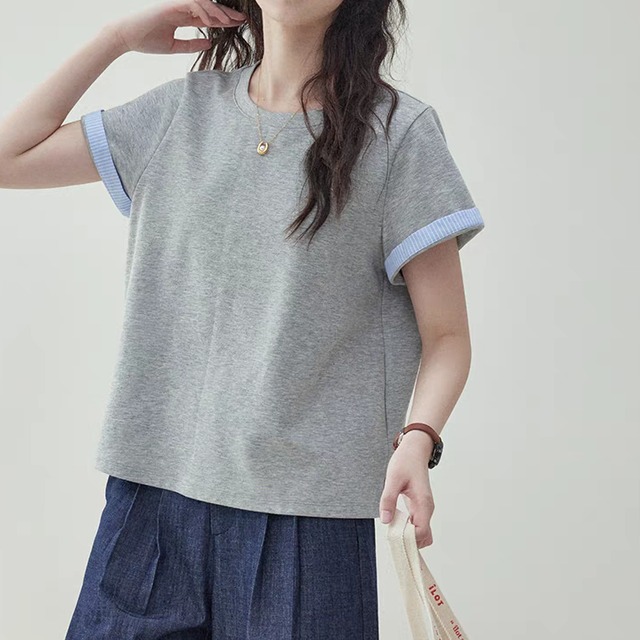 袖ロールアップ風Tシャツ　0019