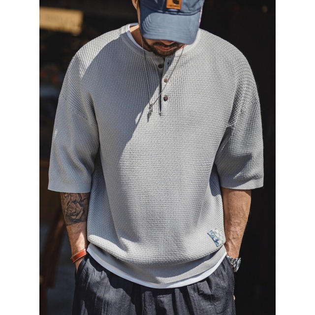 Henry-Neck Waffle T-Shirt【G1047】