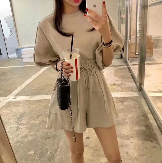 レトロ ファッション パフスリーブシャツ＋パンツ セットアップ