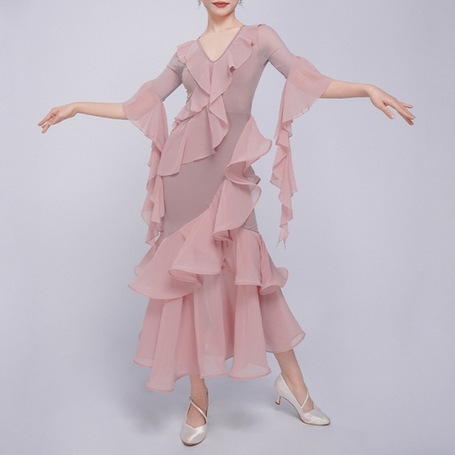 Vネック フリルスリーブ シースルー ドレス 1col　D00449