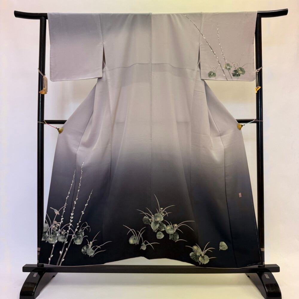 訪問着 付け下げ 灰色 グレー 黒 花柄 裄64.5cm M サイズ 礼装 正絹 結婚式 6322