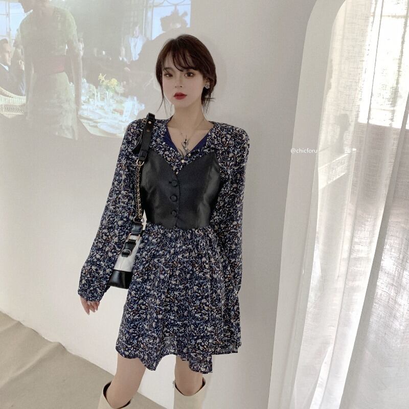 気質フローラルウエスタンスタイルドレスレザースリングファッションベストツーピース女性2020秋新作スーツ ブラックストロベリース81690026025