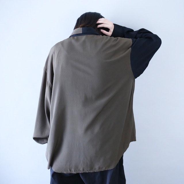 "black×khaki" bi-color switching design loose silhouette shirt