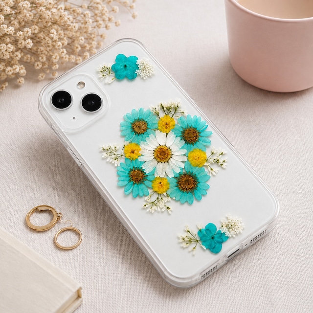 【ほぼ全機種対応スマホケース】押し花スマホケース NO.517(ブルー）  押し花＆レジン iPhone/Xperia/AQUOS/Galaxy