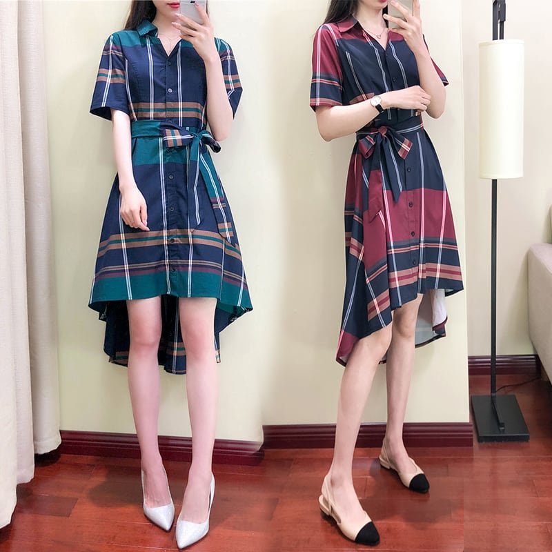 z-10114 シャツワンピース アシンメトリー チェック柄