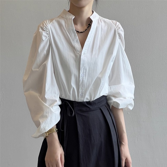 【スタンドカラープリーツパフスリーブシャツ】P00175