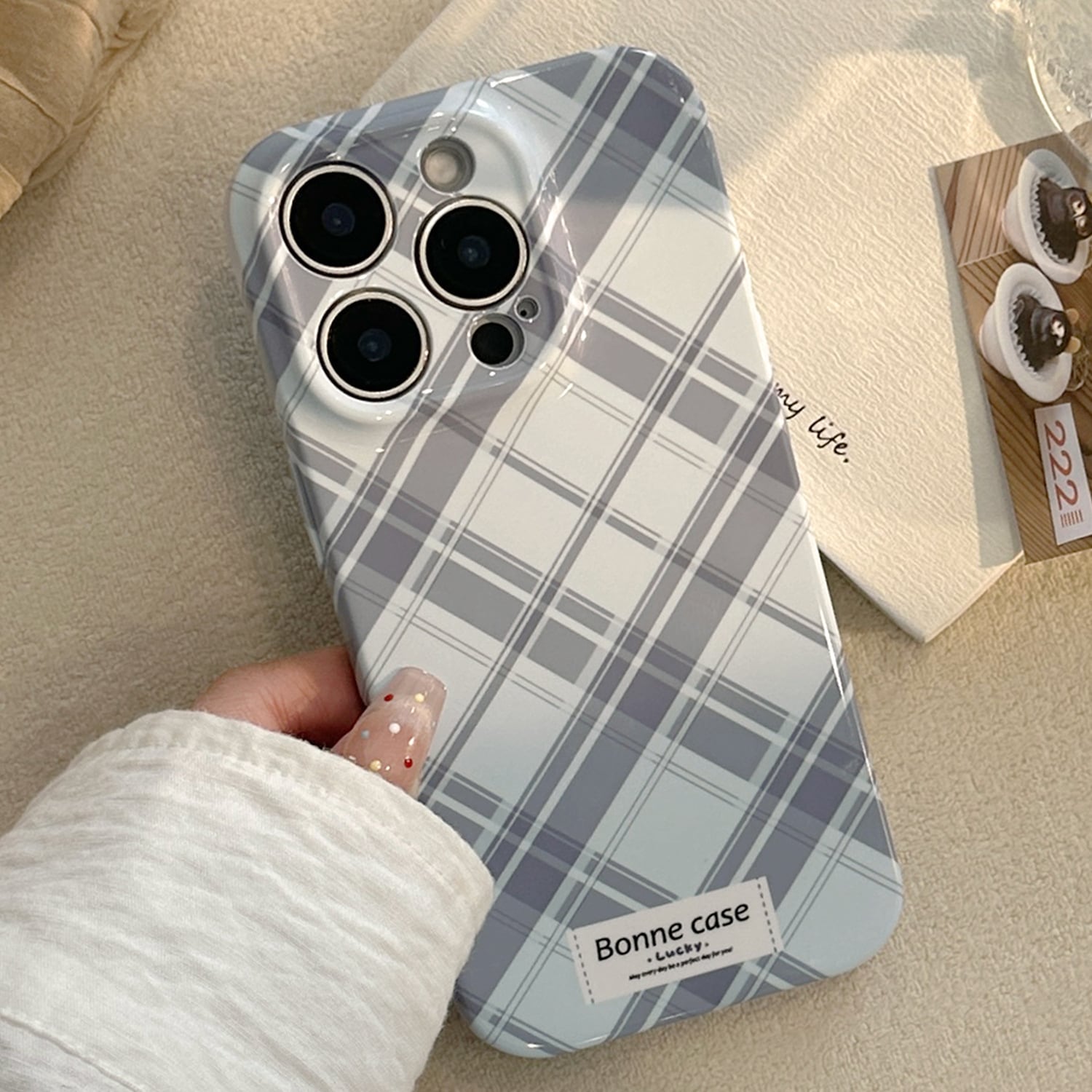 iPhone17~SE3まで対応】大人可愛いブルーグレー◎韓国風 チェック柄