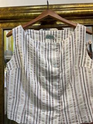 60's brown white stripe cotton sleeveless tops