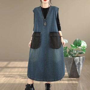 CONTRAST PATCH POCKET V-NECK DENIM JUMPER DRESS 2colors M-16216