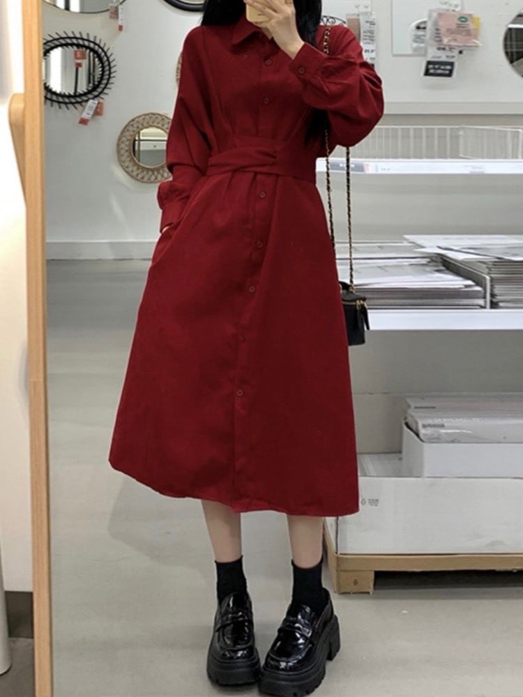 甘すぎない色気 ウエストマークシャツワンピース 大人可愛い お洒落 ロング丈 肌見せ 細見え くびれ 体型カバー 大きいサイズ 韓国 CH11427