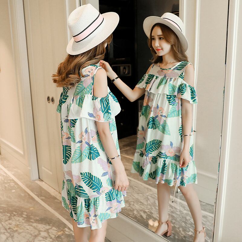 【新作】【送料無料】 2020マタニティ服サマーウェアスタイルオフショルダードレスフローラルプリントミドル丈ルーズフィットスタイルママ 夏物 花柄 AL expec34018280797