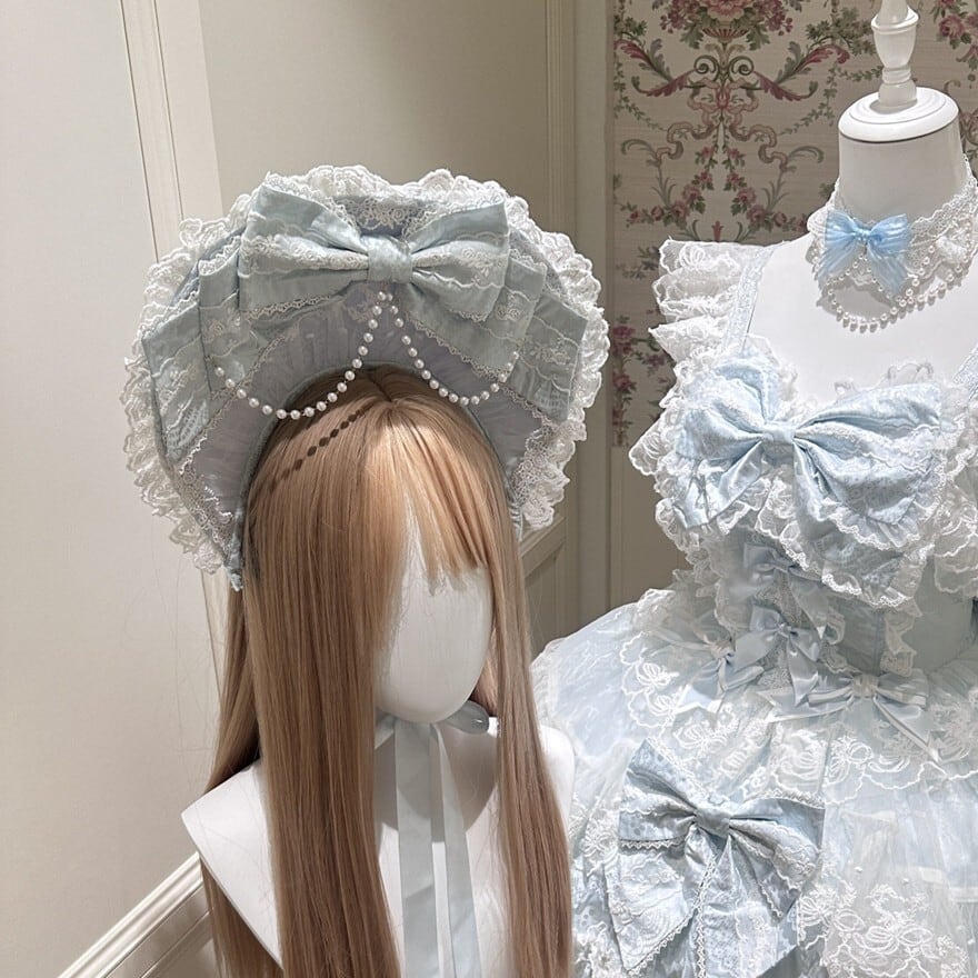 甘ロリ|繊細レースと揺れるパールが彩るリボンボンネット 夢の余韻を纏うヘッドドレス|SEASONZ