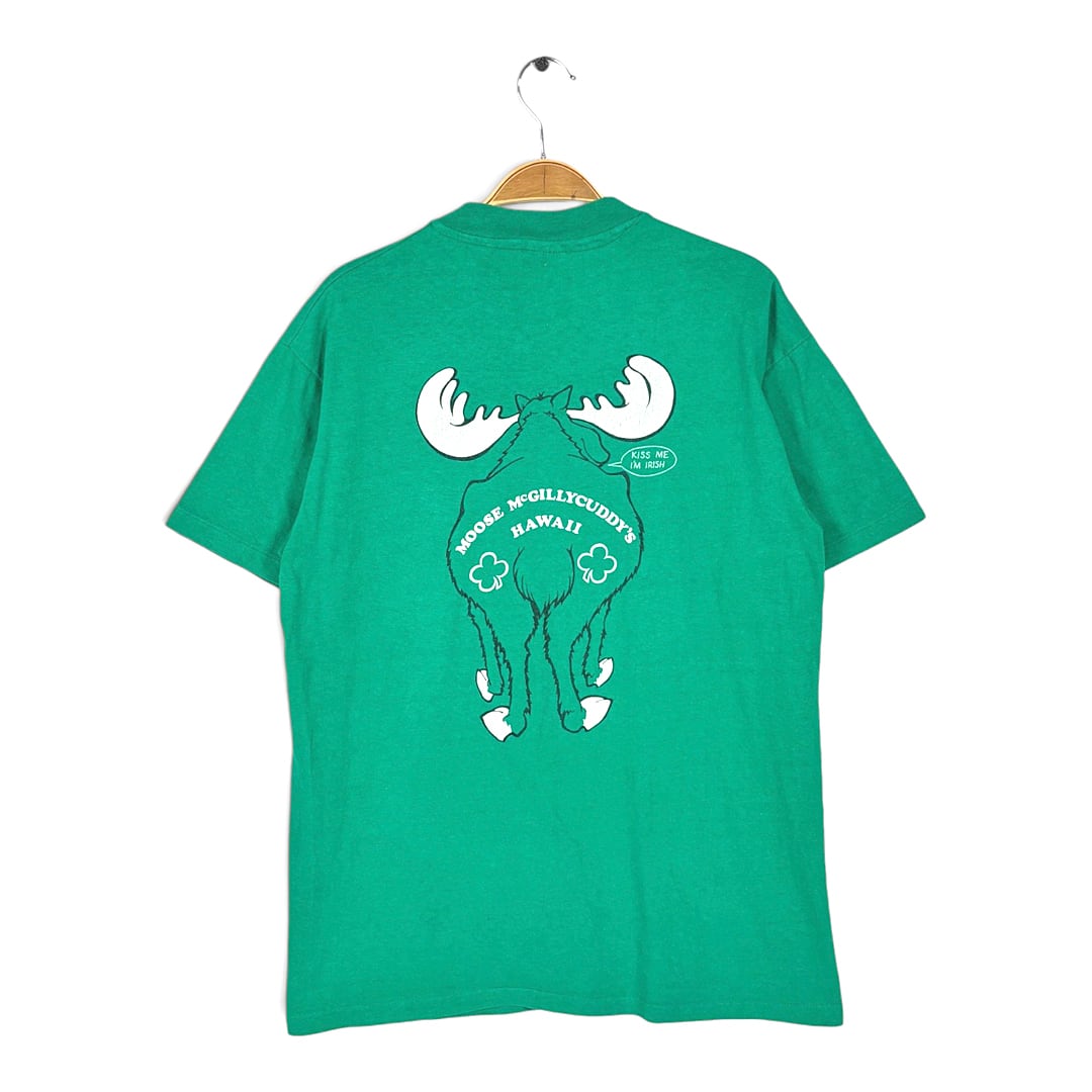 80s ヘラジカ アイリッシュバー ポケT USA製 ヴィンテージ Tシャツ ポケット付 グリーン バックプリント アニマル シングルステッチ HANES ヘインズ サイズL 古着 BZ0566