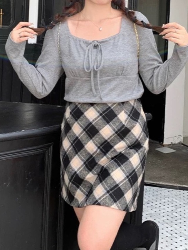 シーズンレスで着回せる 大人カジュアルチェック柄ミニスカート ガーリーバイアスチェック レトロ カジュアル 可愛い 大きいサイズ 韓国 CH10388