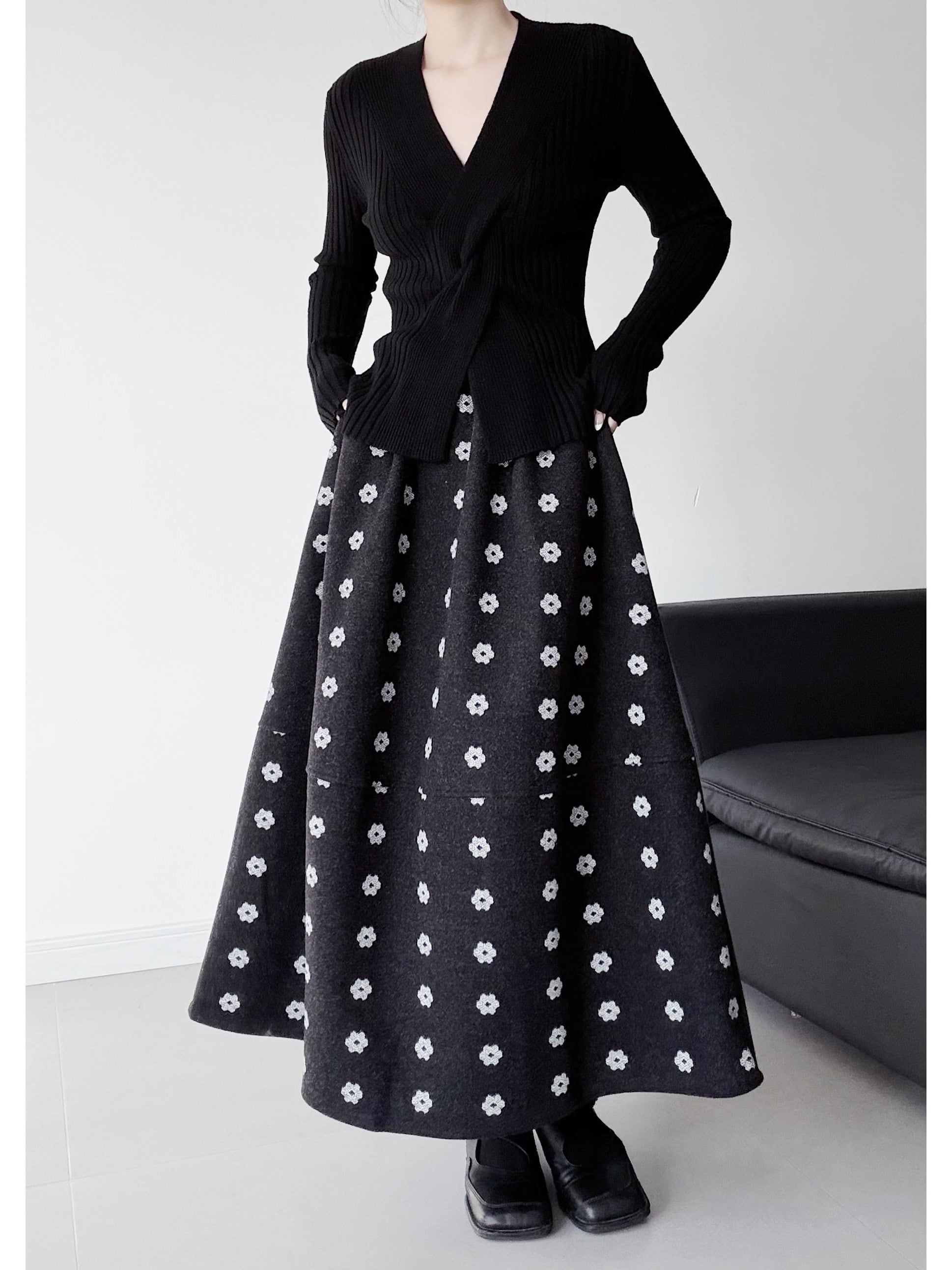 A-line flower print long skirt [T2683] | Lilie