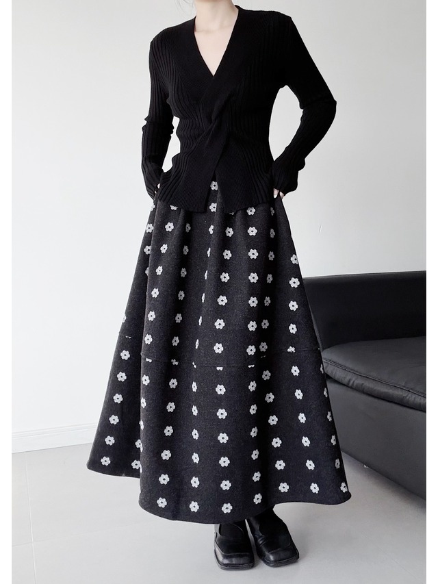 A-line flower print long skirt [T2683]