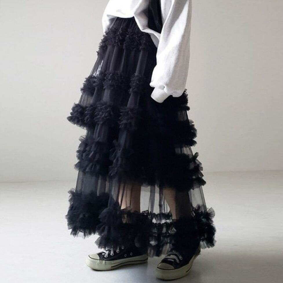 sheer tiered long skirt / l0877