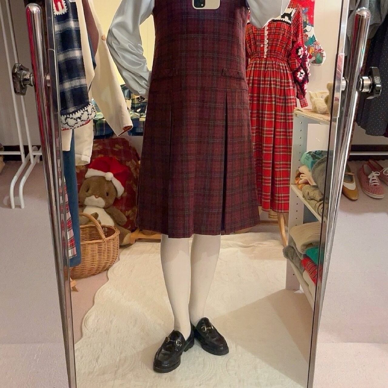 red check back button jumper skirt