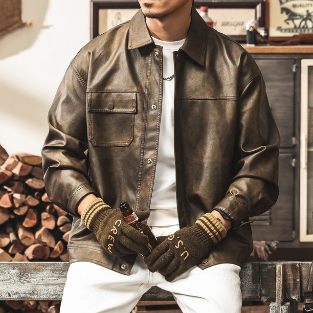 Lapel collar single pocket vintage riders leather jacket ( 2color )