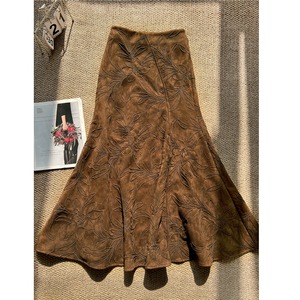 brown floral embroidery suede mermaid skirt<sk3231>