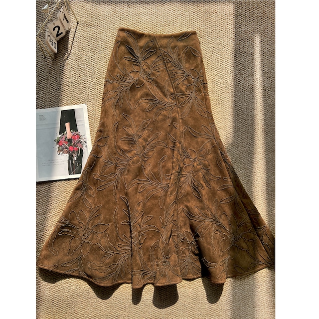 brown floral embroidery suede mermaid skirt<sk3231>
