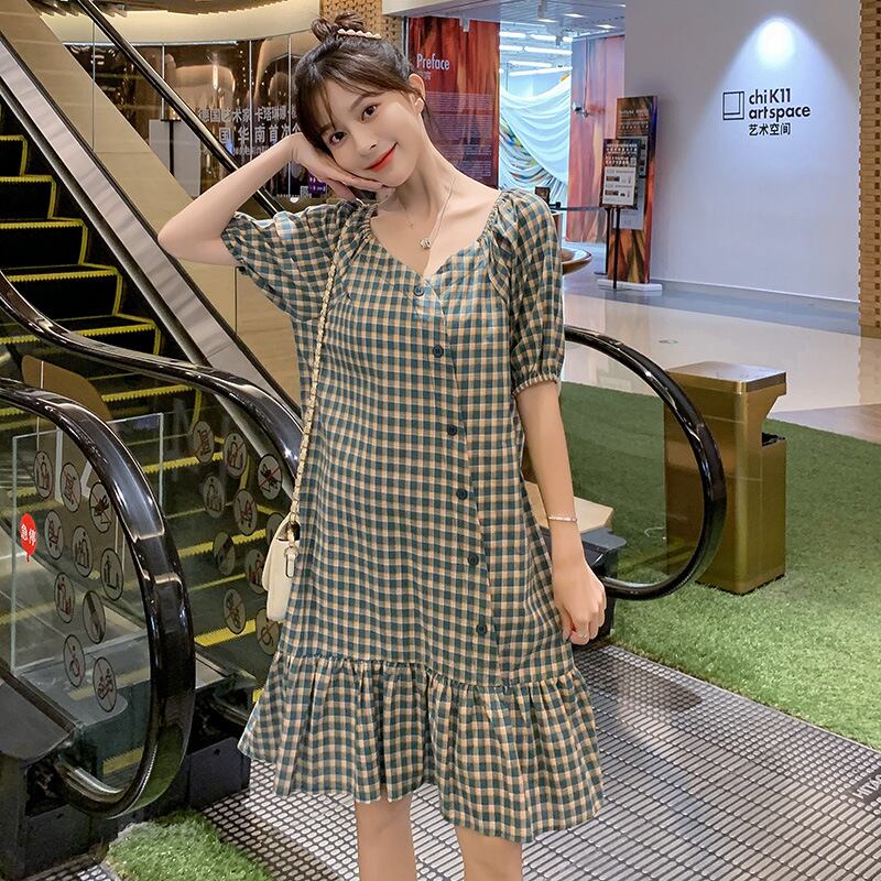 【新作】【送料無料】 マタニティウェア2020夏の新しいファッションコットンとリネンのチェック柄Vネックドレス、トレンディなマザーミドル丈で年齢を減らすマタニティドレス-アリババ サマー 夏物 expec215228568400