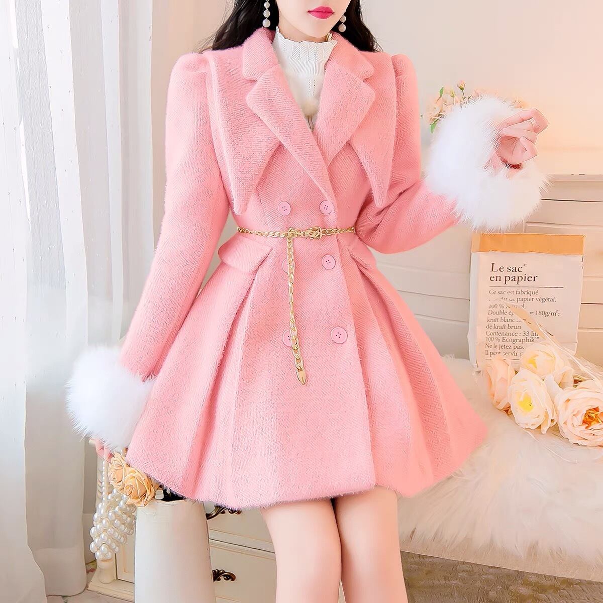 3カラー】白 ピンク 赤 コート リボン ファー アウター ジャケット