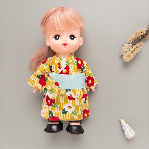 【夏限定】浴衣セット（黄色モダン帯水色）メルちゃんソランちゃん