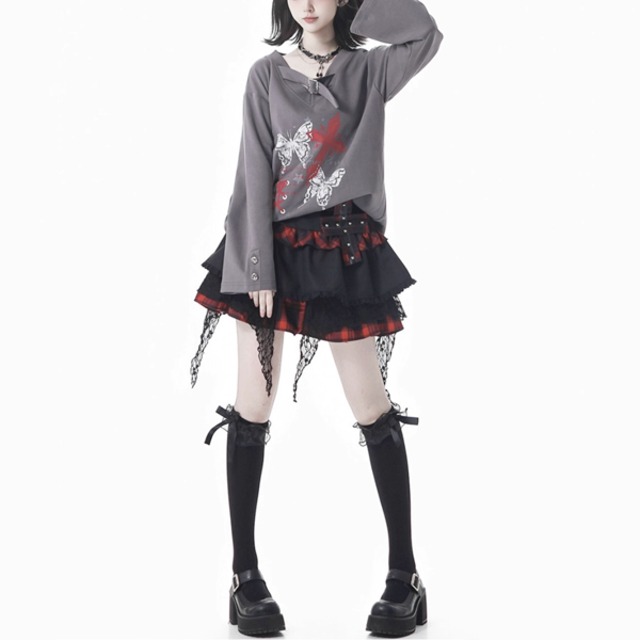 レッドチェックティアードクロスパッチパンクスカート（lli_6318）