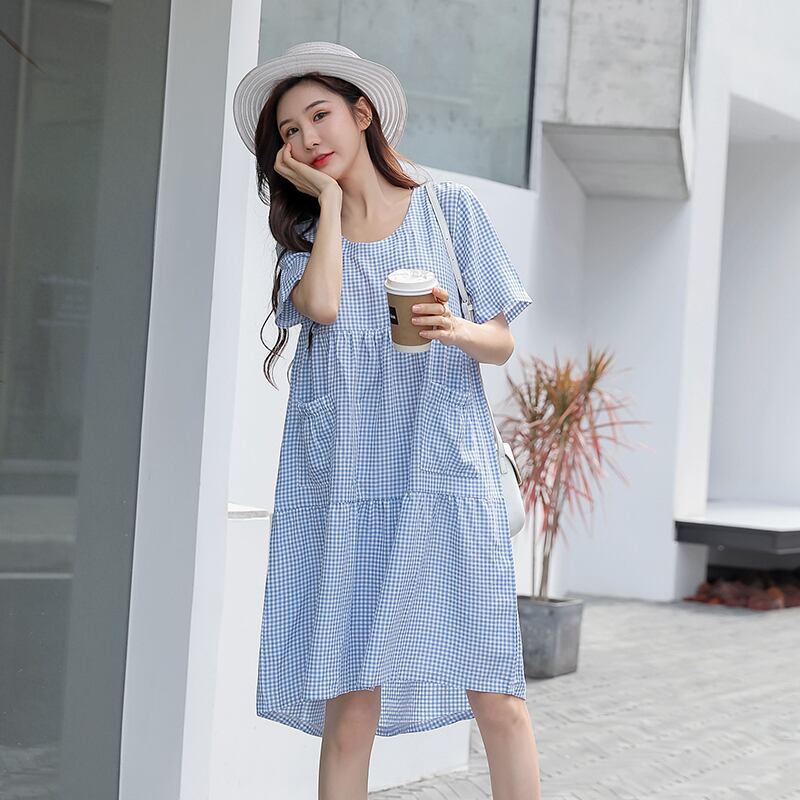 【新作】【送料無料】 9971＃ヴィンテージチェック柄コットンマタニティナーシングドレスサマープラスサイズゆるい母乳育児服妊婦妊娠 大きめサイズ 夏物 ビンテージ AL expec336648675049