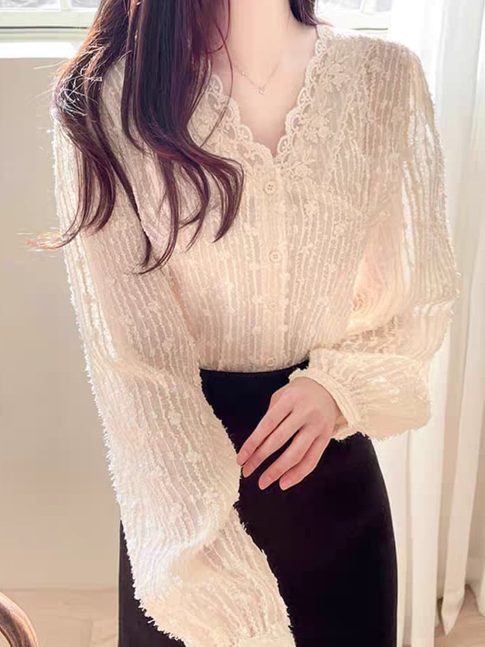 V-neck sheer lace shirt L0733